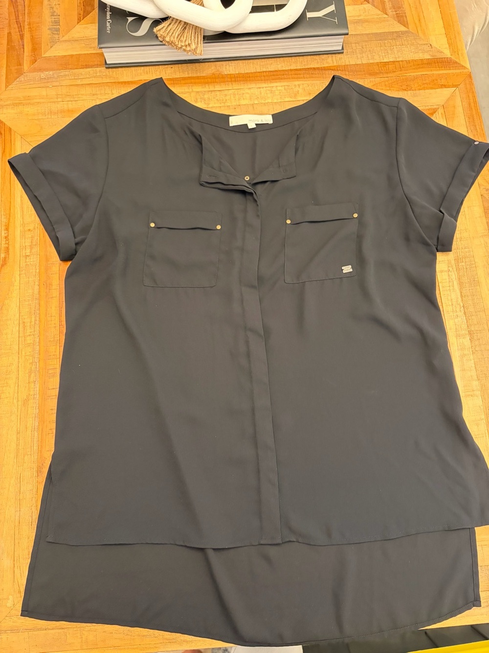 Monk and Lou Black Short-Sleeve Blouse with Pocket Details